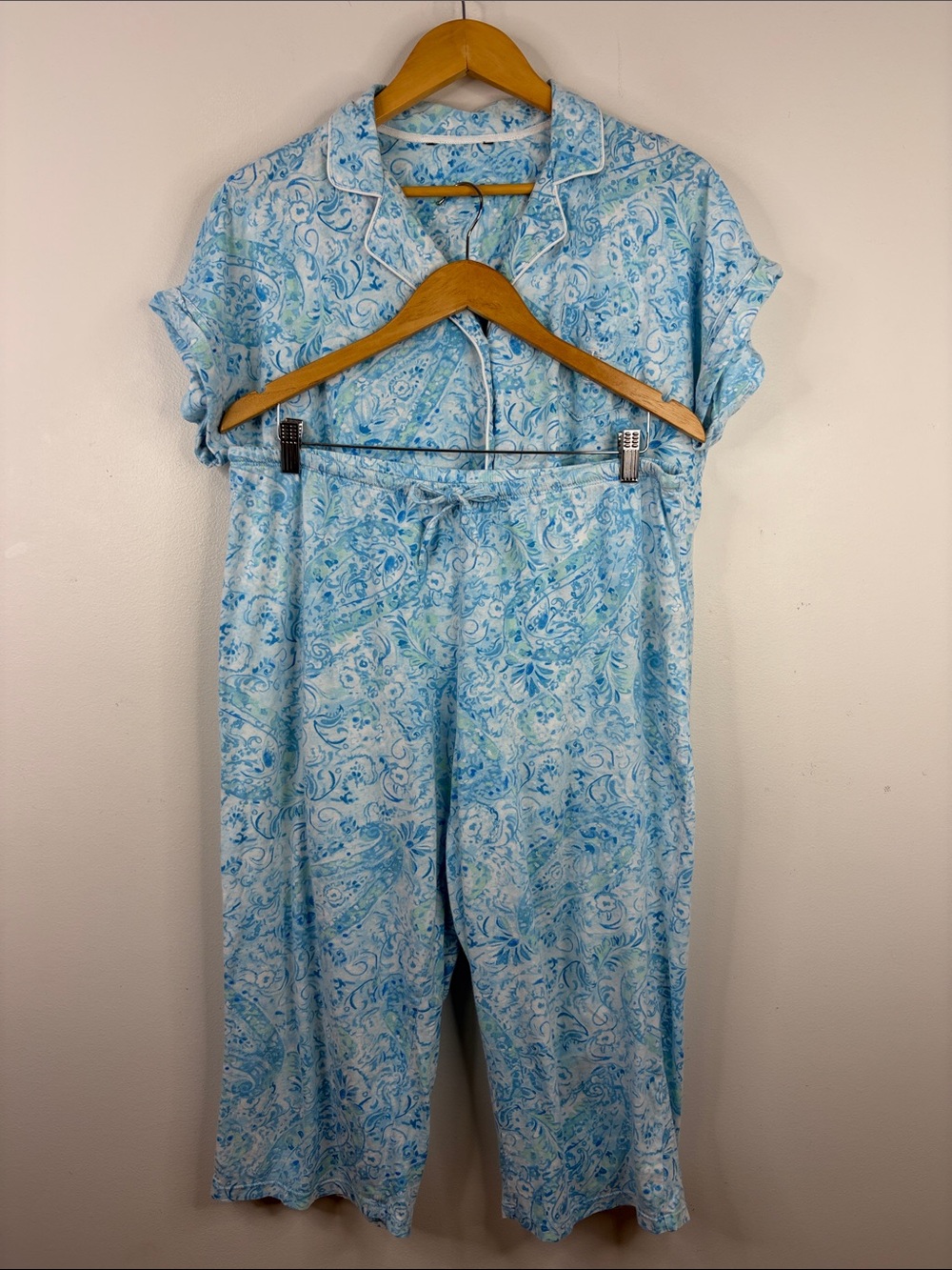 Lauren Ralph Lauren Pajamas Womens Large Blue White Floral Cotton Jersey 2 Piece